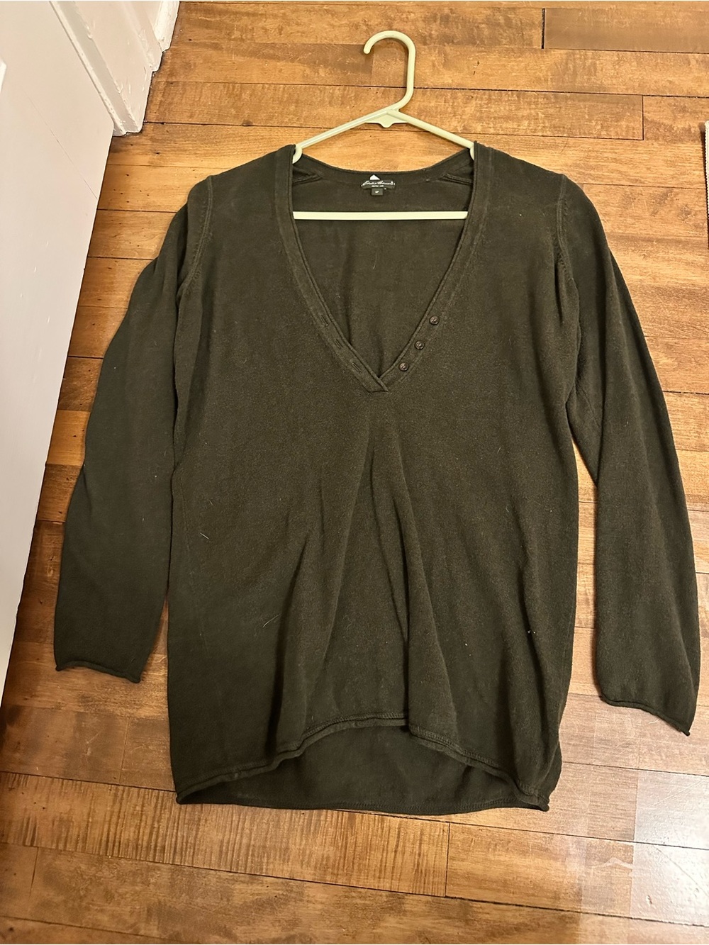 Eddie Bauer Olive V-Neck Button Knit Sweater